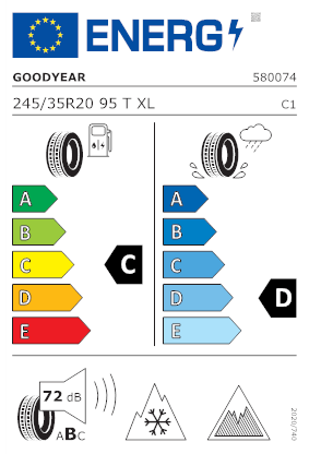 Etichetta per gomma: GOODYEAR, ULTRAGRIP ICE 2+ XL MFS NORDIC COMPOUND BSW M+S 3PMSF 245/35 R20 95T Invernali