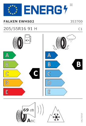 Etichetta per gomma: FALKEN, EUROWINTER HS02 BSW M+S 3PMSF 205/55 R16 91H Invernali