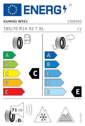 Etichetta per gomma: KUMHO, WINTERCRAFT ICE WI51 XL NORDIC COMPOUND BSW M+S 3PMSF 185/70 R14 92T Invernali