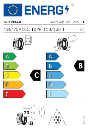 Etichetta per gomma: GRIPMAX, SUREGRIP A/S VAN C 10PR BSW M+S 3PMSF 195/75 R16 110T Estive