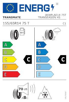 Etichetta per gomma: TRANSMATE, TRANSEASON 4S BSW M+S 3PMSF 155/65 R14 75T Estive