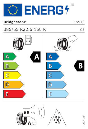 Etichetta per gomma: BRIDGESTONE, ECOPIA STEER 22.5 385/65 R22.5 160K Quattro-stagioni