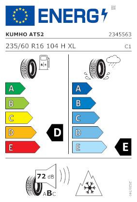 Etichetta per gomma: KUMHO, ROAD VENTURE AT52 XL M+S 3PMSF 235/60 R16 104H Estive