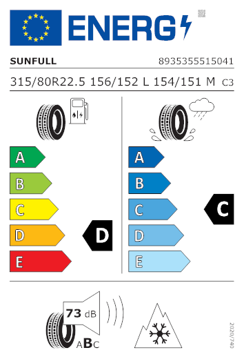 Etichetta per gomma: SUNFULL, HF628 315/80 R22.5 156L Estive