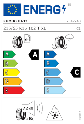 Etichetta per gomma: KUMHO, SOLUS 4S HA32 XL 215/65 R16 102T Quattro-stagioni