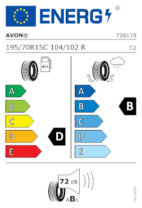 Etichetta per gomma: AVON, AV12 195/70 R15 104R Estive