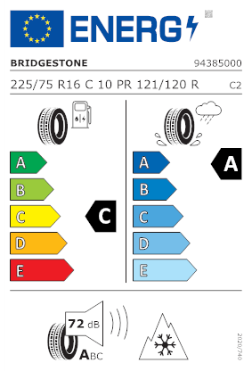 Etichetta per gomma: BRIDGESTONE, DURAVIS ALL SEASON C 10PR M+S 3PMSF DOT21 225/75 R16 121R Estive