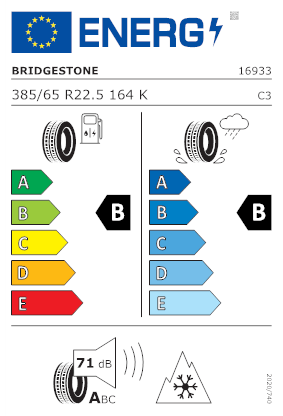Etichetta per gomma: BRIDGESTONE, DURAVIS R-STEER 002 EVO 385/65 R22.5 164K Quattro-stagioni