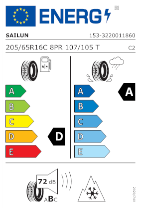 Etichetta per gomma: SAILUN, COMMERCIO 4SEASONS M+S 3PMSF 205/65 R16 107T Estive
