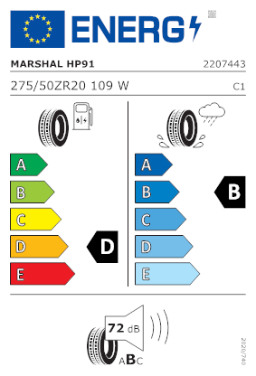 Etichetta per gomma: MARSHAL, CRUGEN HP91 275/50 R20 109W Estive