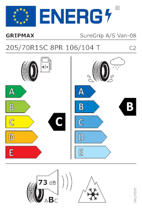 Etichetta per gomma: GRIPMAX, SUREGRIP A/S VAN C 8PR BSW M+S 3PMSF 205/70 R15 106T Estive