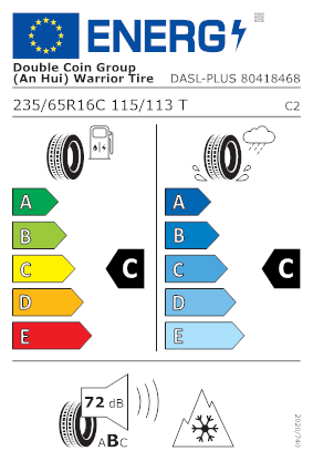Etichetta per gomma: Double Coin, DASL-PLUS C 8PR BSW M+S 3PMSF 235/65 R16 115T Estive