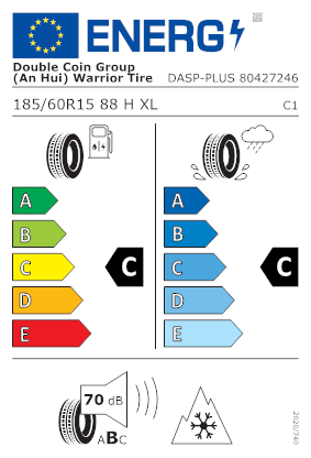 Etichetta per gomma: Double Coin, DASP+ XL M+S 3PMSF 185/60 R15 88H Estive