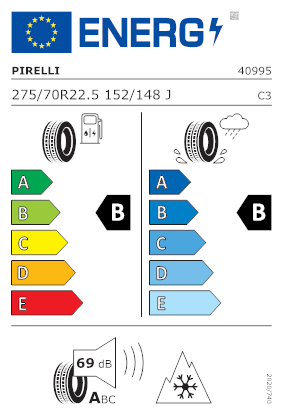 Etichetta per gomma: PIRELLI, U02 URBAN-E PRO MULTIAXLE 275/70 R22.5 152J Quattro-stagioni